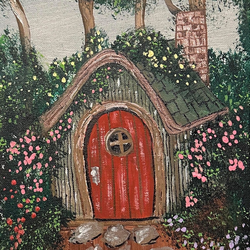 Charming Red Door Cottage Painting
